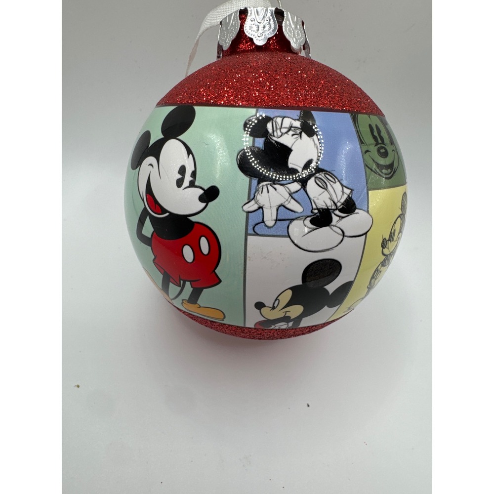 Disney Mickey Mouse Comic Collage Red Glitter Christmas Ball Ornament RARE